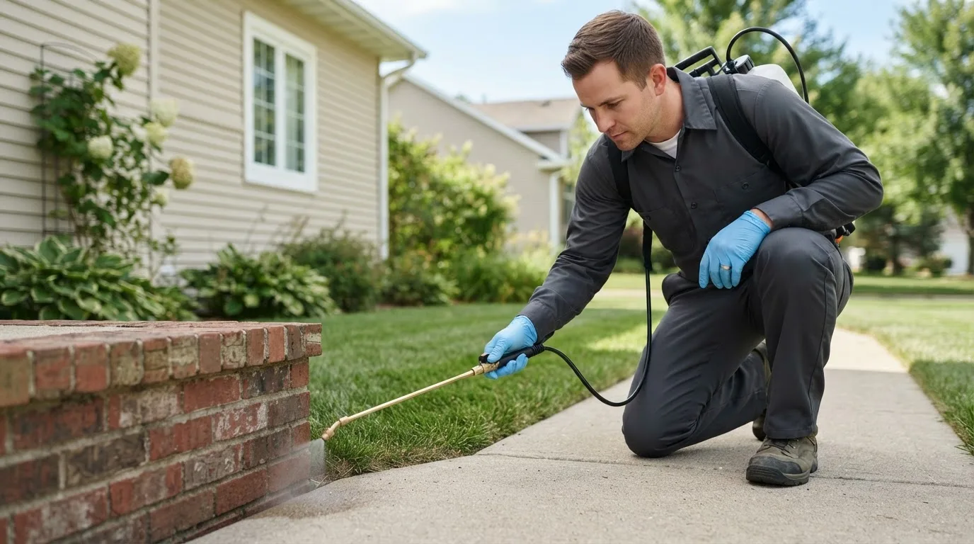 Pest control technician treating a home near Selfridge, ND